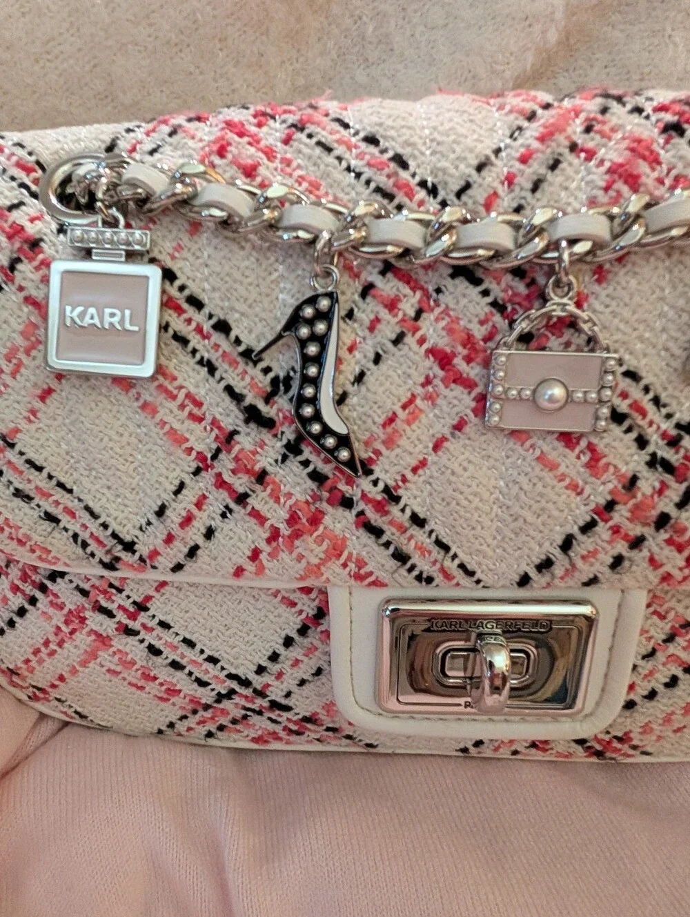 Karl Lagerfeld Pink Tweed  two Way Chain Shoulder Bag with Charms